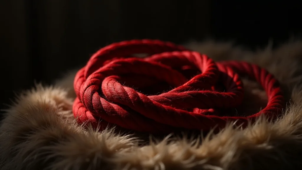 écheveau de corde rouge de shibari lové sur une fourrure, lumière douce a Marseille