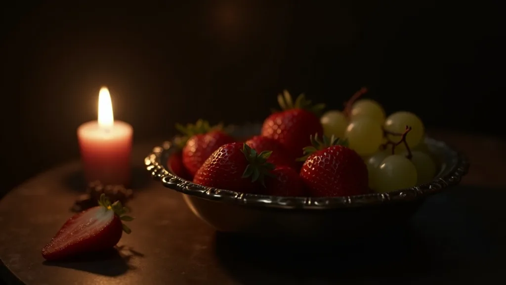 petit bol de fraises et raisins sur plat d'étain à la lueur d'une bougie a Marseille