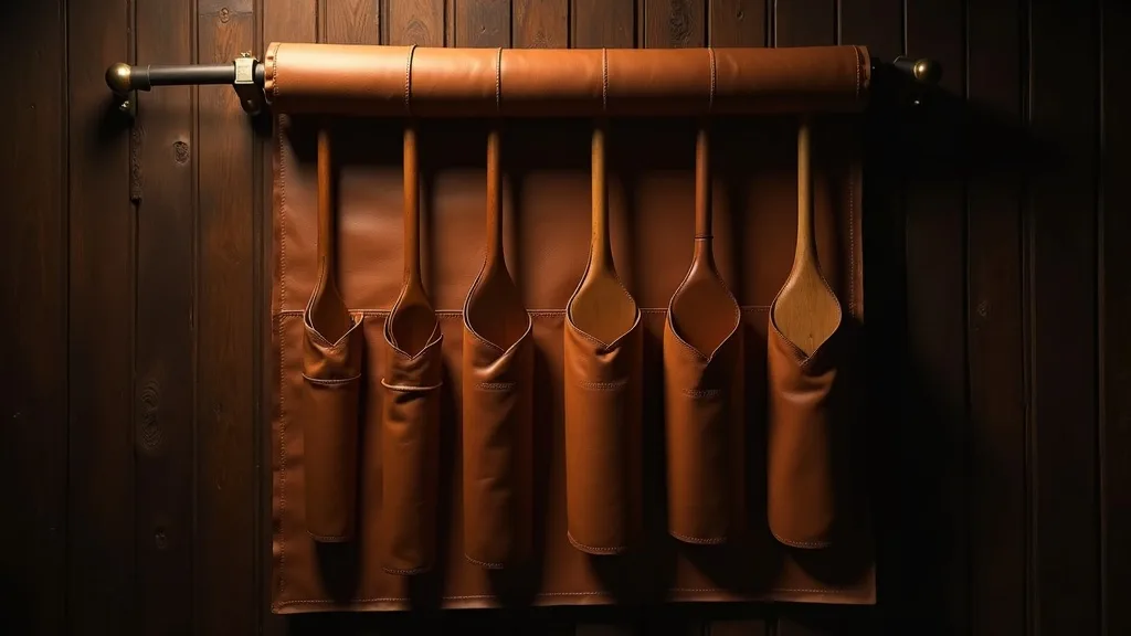 rouleau de cuir mural déroulé présentant une sélection de paddles de cuir a Marseille