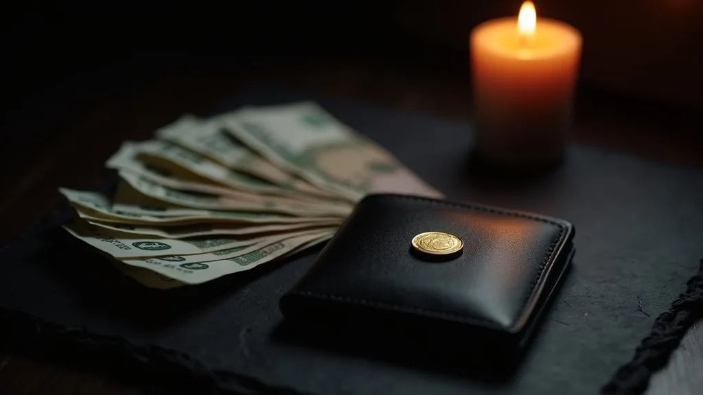 billets en eventail et portefeuille de cuir noir sur ardoise sombre a Marseille