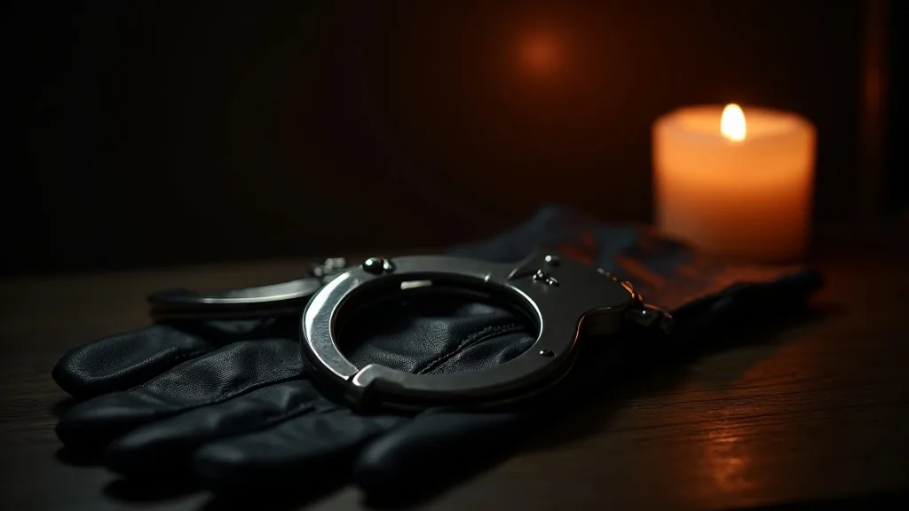 menottes d'acier entrouvertes sur un gant de cuir plié, chêne sombre a Marseille