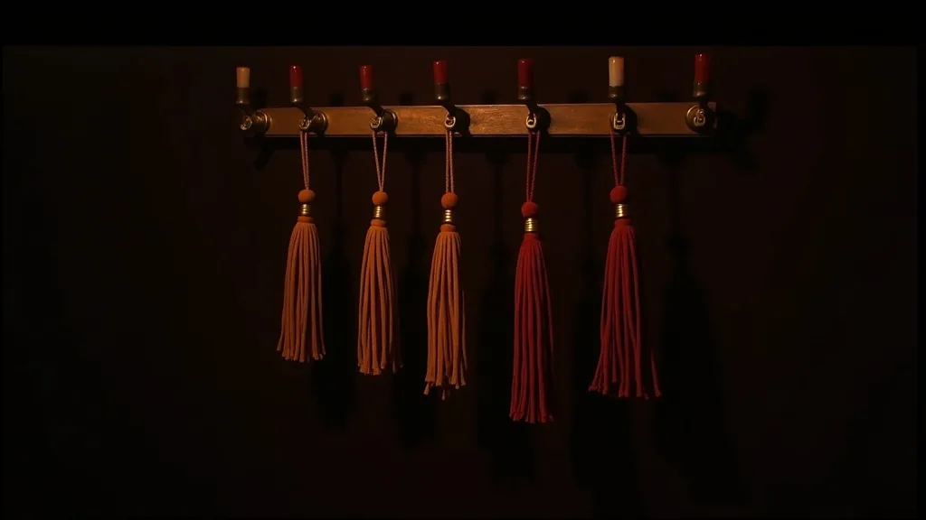 rangée de cinq martinets de daim et cuir suspendus à des crochets de laiton a Marseille